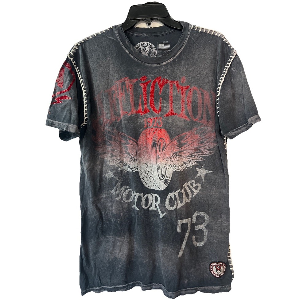 Affliction T-Shirt Mens Size Large Grey American Customs Motor Club Distressed